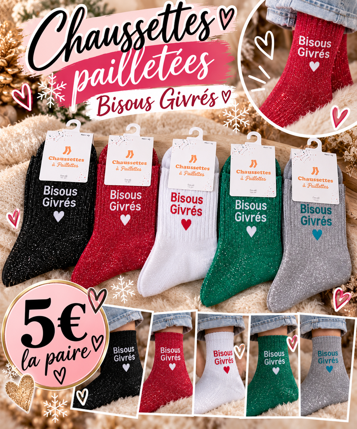 Chaussette à paillettes bisous givrés