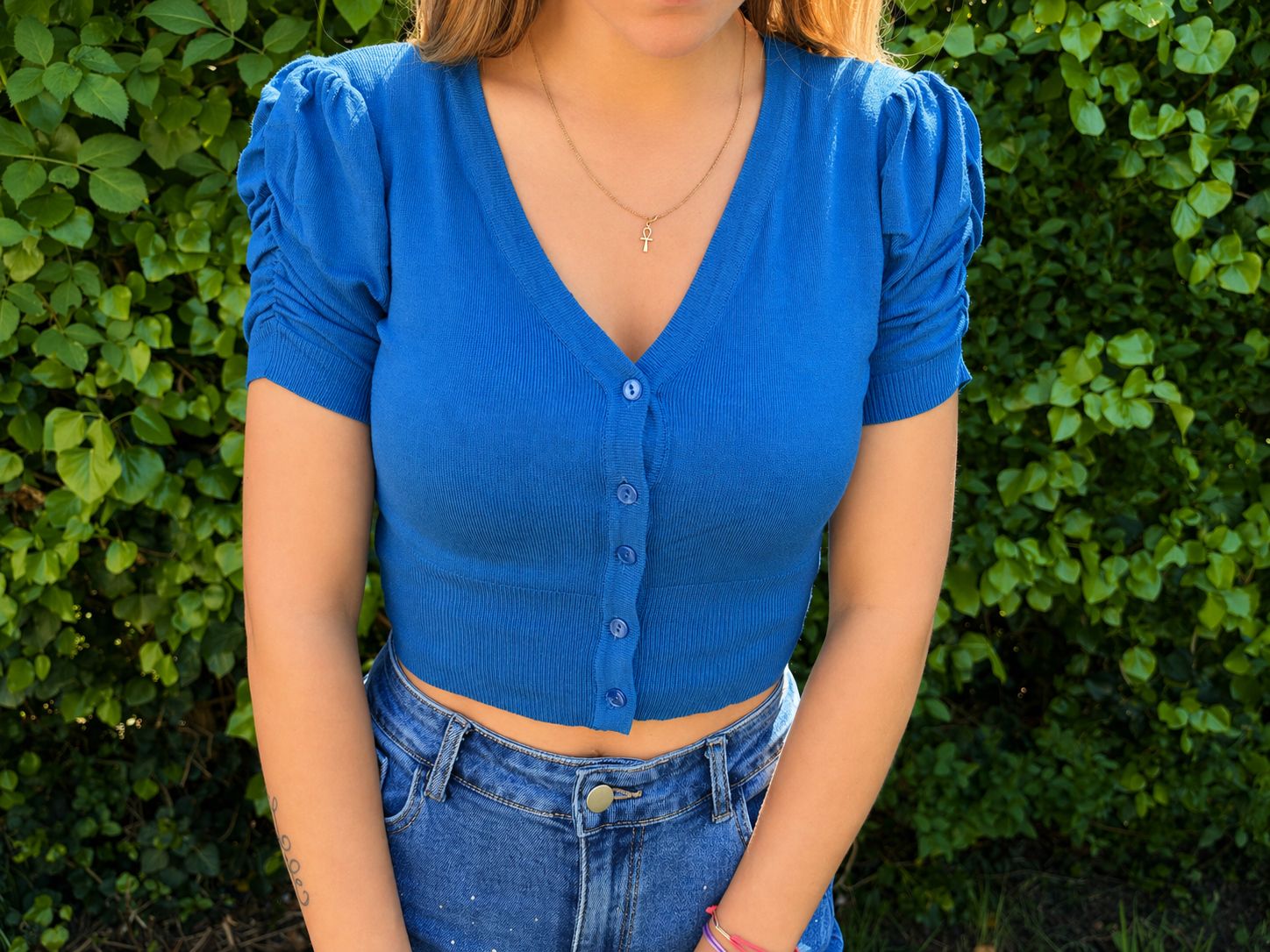 Mini gilet bleu foncé - manches courtes et froncées